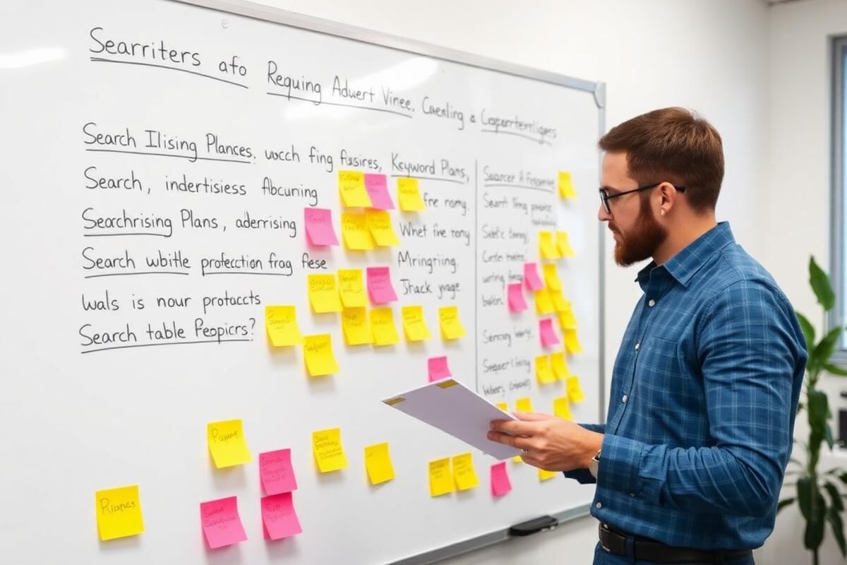 Marketer reviewing a keyword plan on a whiteboard